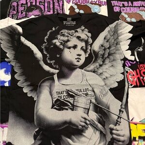 Graphic Angel Print Short Sleeve Tee - Black